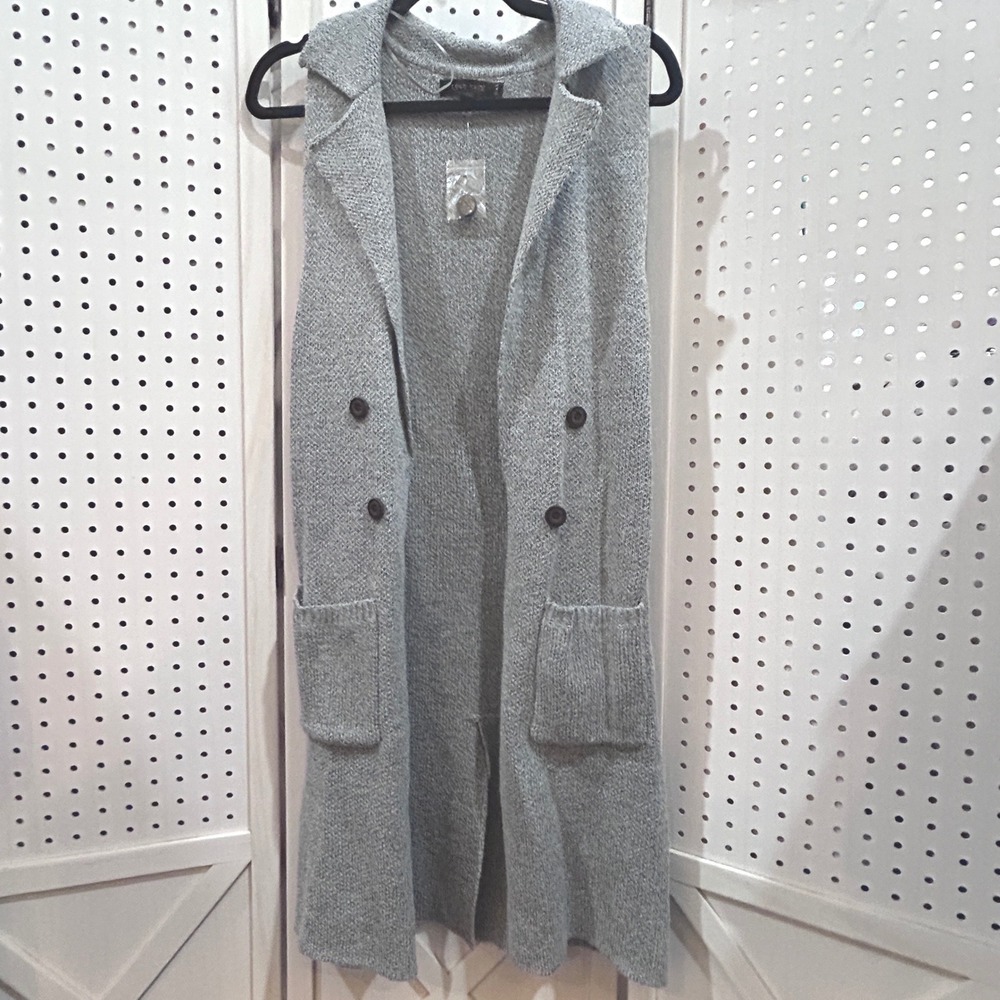 LOVE TREE Knit Sleeveless Duster Vest Double Button Pockets Grey S
